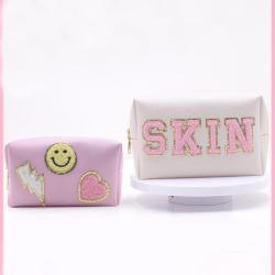 Low MOQ Personalised Waterproof Travel Letters Makeup Pouch Bag Towel Embroidery chenille patch cosmetic bag