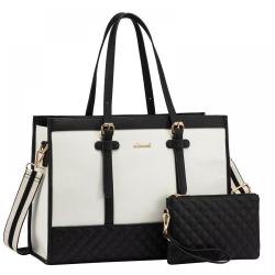 LOVEVOOK 2pc/set Laptop Bag 15.6 in Canvas Leather Tote Bag Large Work Bag with Clutch Purse Office Business Briefcase for Women