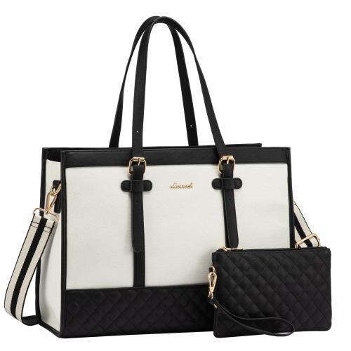 LOVEVOOK 2pc/set Laptop Bag 15.6 in Canvas Leather Tote Bag Large Work Bag with Clutch Purse Office Business Briefcase for Women