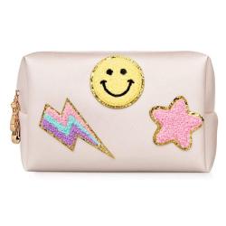 Low MOQ Personalised Waterproof Travel Letters Makeup Pouch Bag Towel Embroidery chenille patch cosmetic bag