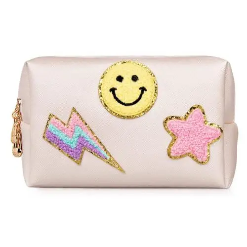 Low MOQ Personalised Waterproof Travel Letters Makeup Pouch Bag Towel Embroidery chenille patch cosmetic bag