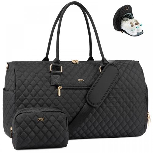 JFFD Fashion 2pc/set Quilted Travel Duffle Bag with Shoe Compartment & Toiletry pouch Carry on Overnight Weekender Bag unisex