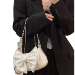 Hot Selling Women's PU Leather Handbag Lovely Bow-Knot Soft Fashionable Dress Style Vintage National Pearl Chain Summer Autumn