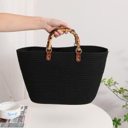 Striped Large Capacity Cotton Woven New Bamboo French Retro Straw Portable Beach Women'S Bag