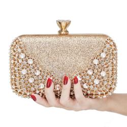 Hot sale fashion box rhinestone bag handmade ladies handbag women glitter clutch bag golden design evening bag