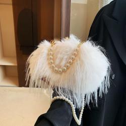 Fluffy Turkey feather party clutch elegant fur bags Ostrich Feather Pearl Women Evening Handbags 2024