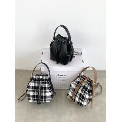 Wholesale Removable Shoulder Strap Backpack Black Plaid Chain Canvas School Bag PU Leather Bucket Backpack for Women