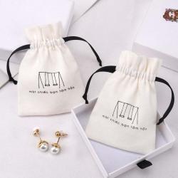 Custom Logo Printed Brush Canvas Cotton Dust Bag For Jewelry Antique Drawstring Bracelet Packaging Jewelry Pouch