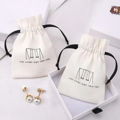 Custom Logo Printed Brush Canvas Cotton Dust Bag For Jewelry Antique Drawstring Bracelet Packaging Jewelry Pouch