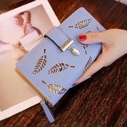 New Korean Women's Long Zipper Buckle Wallet Fashion Handbag with Hollow Leaf Design Waterproof and Open Closure Type