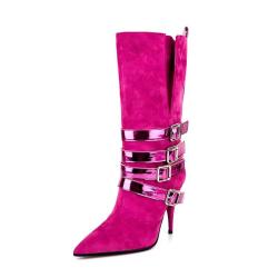 2023 botas de dama Fall Winter Ladies Suede High Heels Long Boots Women Pointy Toe Cone Heel Cross Strap Buckle Mid Calf Boots