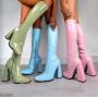 Western Popular Style Patent Leather Upper Women Square Toe Knee High Boots Side Zipper Chunky High Heel Boots For Women