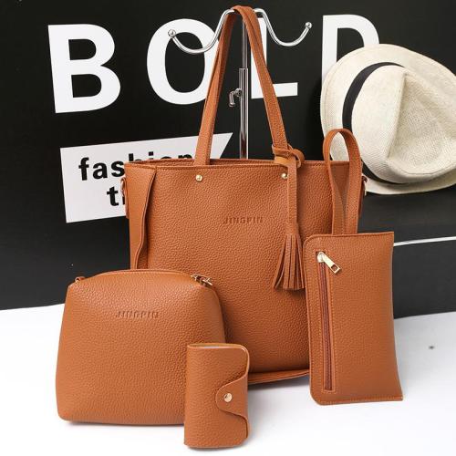 Promotion cheap leather handbags for women 4pcs in a set big size tote handbags ladies luxury shoulder crossbody bag with tassel