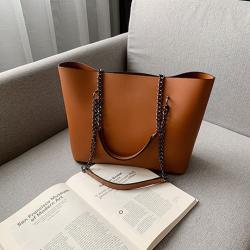 New Korean Fashion Lady Chains Tote Bag Pu Pure Color Stylish Shoulder Bag Handbag with Large Capacity for Women