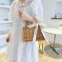 High Quality Square Silk Ribbon Hollow Out Pearl Handbags China Tote Beach Bags Straw Bucket Bag New Handbags