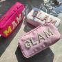 Customization Makeup Chenille GLAM Purses Pearl Letter Patch Sewn Wedding Gift Toiletry Cosmetic Bags Nylon Travel Pouch