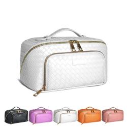 Large Travel-Friendly Leather Cosmetic Bag with Strap Portable Waterproof Anti-Dust Makeup Case Women Opens Flat Lay Makeup