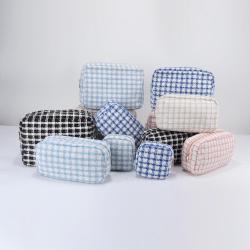 Trending Make Up Grocery Organizer Tweed Fabric Checked Cosmetic Zipper Bags Durable Plaid Travel Makeup Purse Cosmetic Bag