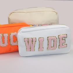 Keymay Custom Colorful Letter Make Up Bag Pink Embroidery Wash Bag Bridal Bag Waterproof Nylon Travel Toiletry Cosmetic Pouch
