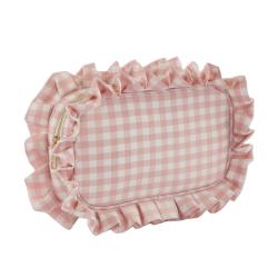 Unique Design Hot Sale Makeup Bag Pink Custom Zipper Pouch Cute Lattice Ruffle Cosmetic Bag
