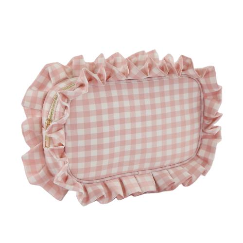 Unique Design Hot Sale Makeup Bag Pink Custom Zipper Pouch Cute Lattice Ruffle Cosmetic Bag