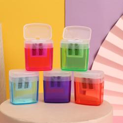 Double Hole Plastic with Cover Garbage Can Type New Ps Material Pencil Sharpener Children's Stationery Stock