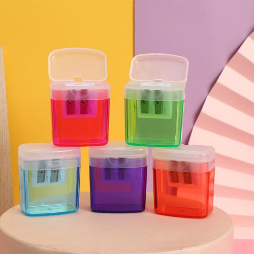 Double Hole Plastic with Cover Garbage Can Type New Ps Material Pencil Sharpener Children's Stationery Stock