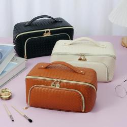 Private Label Portable PU Leather Makeup Bag Toiletry Organizer Make Up Pouch Flat Lay Opening Cosmetic Bag