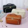 Private Label Portable PU Leather Makeup Bag Toiletry Organizer Make Up Pouch Flat Lay Opening Cosmetic Bag