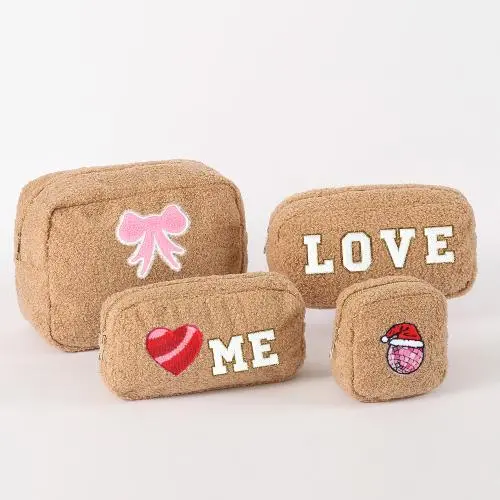 Keymay RTS 4 colors 4 sizes Plush Fluffy Makeup Organizer Pouch Sherpa Soft Cosmetic Bag Teddy Makeup Bag