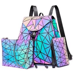 Lovevook geometric pu leather backpacks women Luminous backpack sets for ladies