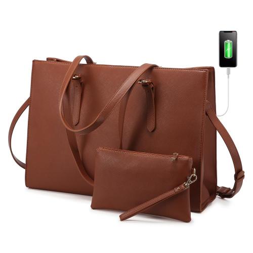 LOVEVOO 2022 15.6 Inch Laptop Bag 2pcs set Large Elegent Handbags for Ladies PU Leather Business Work Briefcase Women's Tote Bag