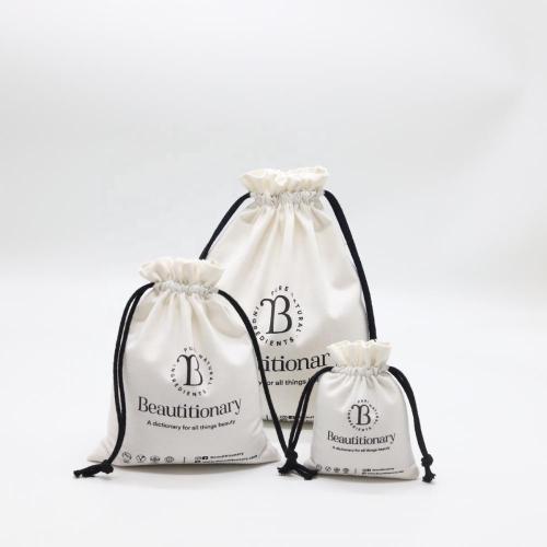 Custom Black Logo Printed Canvas Gift Makeup Pouch Luxury Skincare Dust Cosmetic Packaging Drawstring Bag