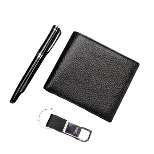 Custom Vegan Grain Leather Wallet Fashion Men Leather Key Chain Wallet Gift Box Set Card Holder Wallets for men