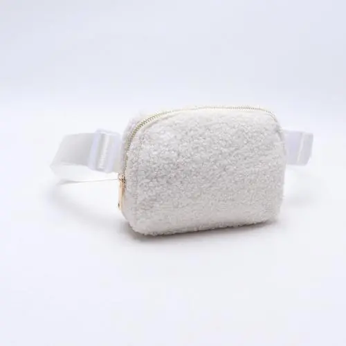 Keymay New Design Rts Stock Plastic Buckle Teddy Sherpa Crossbody Bag Interior Mesh Pocket Everywhere Fanny Pack Fleece Belt Bag