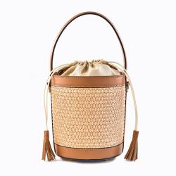 2024 Bag Ladies Luxury Flax Raffia With Leather Women Bucket Straw Bag Tote Handbags Drawstring Bucket Bag
