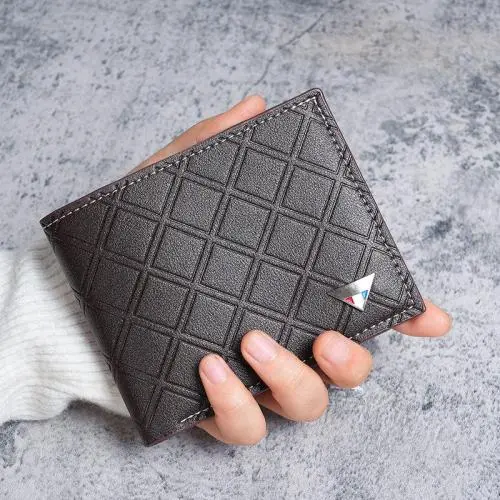 2024 new men's wallet fashion plaid horizontal soft leather men's short wallet large capacity multi-card purse