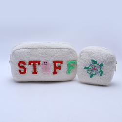 Keymay Multi-color Personalized Chenille Letter Patches Winter Teddy Sherpa Plush Cosmetic Bag White Cosmetic Bag Makeup Bags