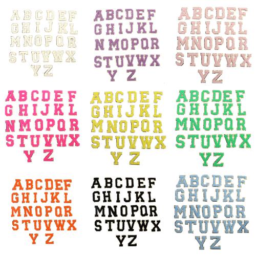 Keymay 5.5/6.2cm 11 Color A-Z Gold Border Glitter Chenille White Letters Patches Self-Adhesive English Alphabet For Cosmetic Bag