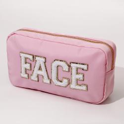 Keymay Stock Fashion Makeup Bag Organizers Embroidered Letter Patches Cosmetic Pouch Nylon Personalized Toiletry Bag