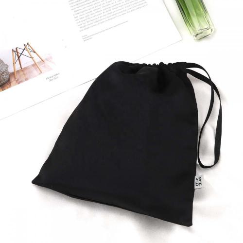 Custom Logo Printed Label Black Satin Drawstring Dust Bag For Shoes Hair Hat Soft Luxury Underwear Clothes Storage Satin Pouch