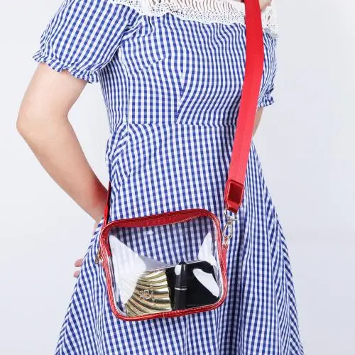 Keymay Custom Fashion Red Girls Pvc Makeup Bag Stadium Approved Shoulder Bag Women Clear Stadium Crossbody Bag