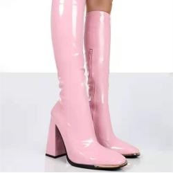 Western Popular Style Patent Leather Upper Women Square Toe Knee High Boots Side Zipper Chunky High Heel Boots For Women