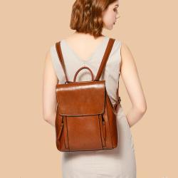 Realer Backpacks Women's vintage backpack 2021 new leather ladies bag pack fashion waxy cow genuine leather school bag for women