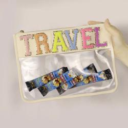 Keymay Bag Stock Embroidered Chenille Sequin Patch Waterproof Zipper Clear Pouch Transparent PVC Gift Snacks Makeup Cosmetic Bag
