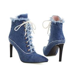 2024 New Design Lace-up Thin High Heel Women Pumps Denim Pointy Toe Ankle Boots For Women