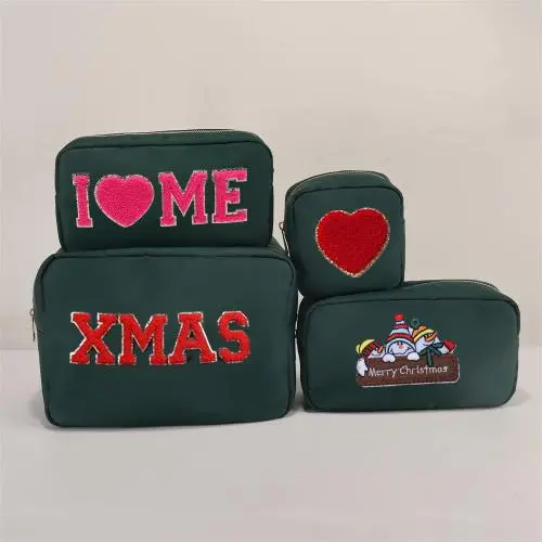 Keymay Multi-color Personalized Chenille Letter Patches Nylon Waterproof Makeup Bag Chenille Cosmetic Bags Christmas Present Bag