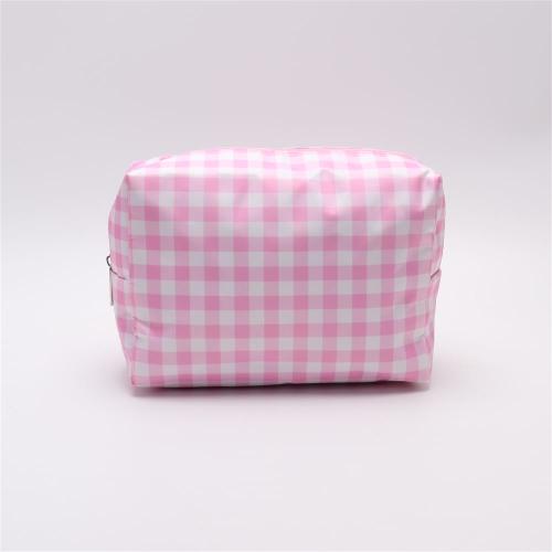 Keymay Custom Wholesale Pink Cosmetic Bag Travel Organizer Zipper Pouch Plaid Checkered Makeup Bag