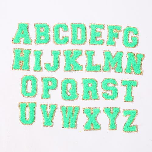 Stock Neon Green with Gold Border English Letter A-Z Iron On Adhesive Repair Alphabet Sewing Appliques Clothing Chenille Patch