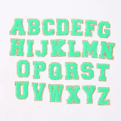 Stock Neon Green with Gold Border English Letter A-Z Iron On Adhesive Repair Alphabet Sewing Appliques Clothing Chenille Patch